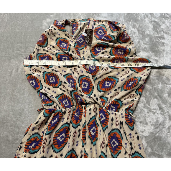 Rory Beca Romper Aztec Ikat Boho Festival Multicolor Boho V Neck 100% Silk Sz S - Picture 4 of 7